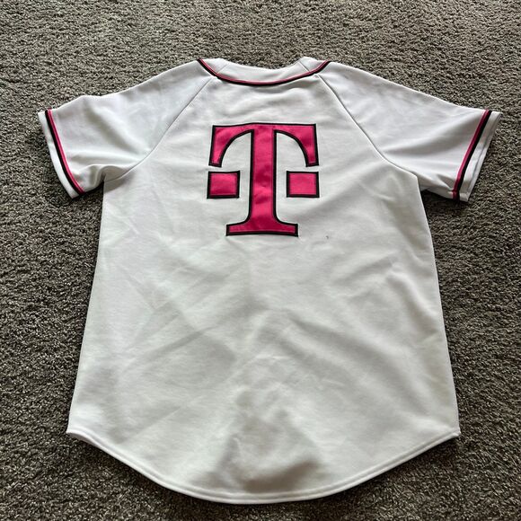 T-Mobile Baseball Jersey Button Up Employee White Pink Stitched Size Large - Picture 3 of 8
